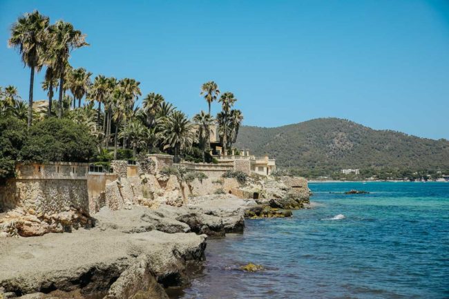Eine felsige Küstenlinie mit Steinmauern, Palmen und luxuriösen Villen mit Blick auf das klare blaue Meerwasser unter einem strahlenden Himmel - eine idyllische Kulisse für eine Hochzeit auf Mallorca oder um Momente als Hochzeitsfotograf Mallorca festzuhalten, mit grünen Hügeln im Hintergrund.