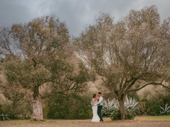 Ein Paar in Hochzeitskleidung umarmt sich unter hohen, belaubten Bäumen in einer natürlichen Umgebung mit bewölktem Himmel - perfekt für eine unvergessliche Hochzeit auf Mallorca, aufgenommen von einem Hochzeitsfotograf Mallorca.