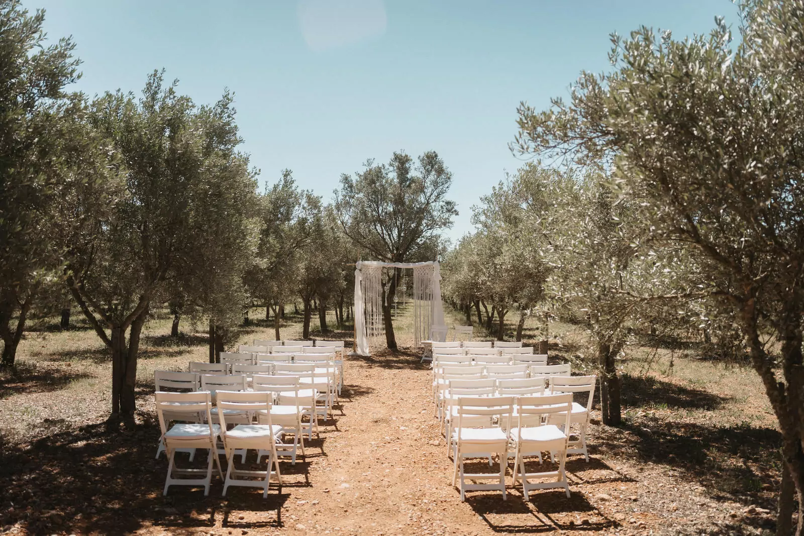 Eine Hochzeit im Freien in Can Davero, mit Reihen von weißen Stühlen vor einem dekorativen Torbogen, umgeben von Olivenbäumen unter einem klaren blauen Himmel - perfekt für jeden Hochzeitsfotografen Mallorca, um atemberaubende Momente festzuhalten.