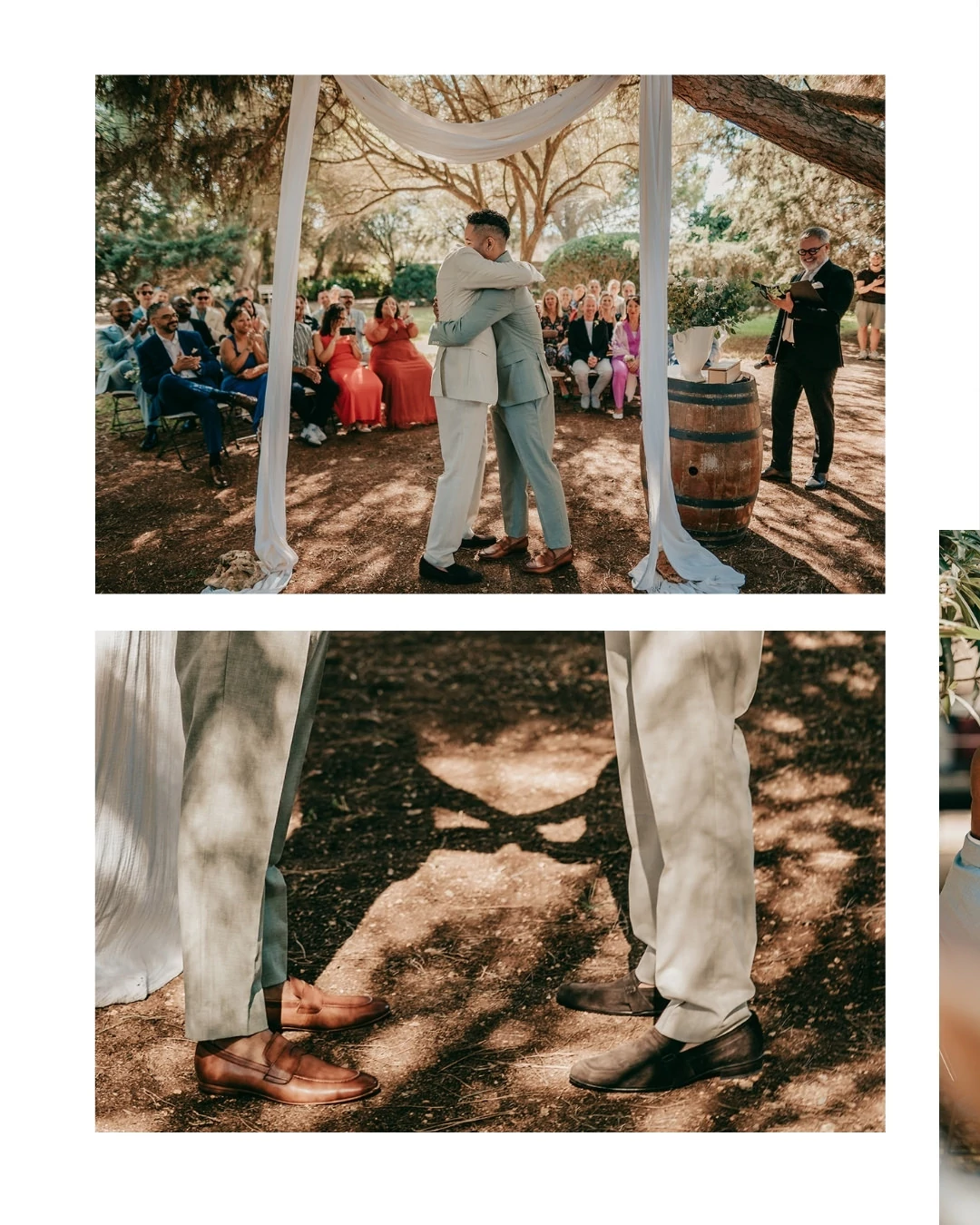 Zwei Menschen in hellen Anzügen umarmen sich unter einem Baldachin bei ihrer Hochzeit im Freien auf der Finca Alaiar; die Gäste schauen im Hintergrund zu. Die Nahaufnahme unten zeigt die Füße der beiden im gedämpften Sonnenlicht, das einen herzförmigen Schatten wirft - aufgenommen von Hochzeitsfotograf Mallorca.