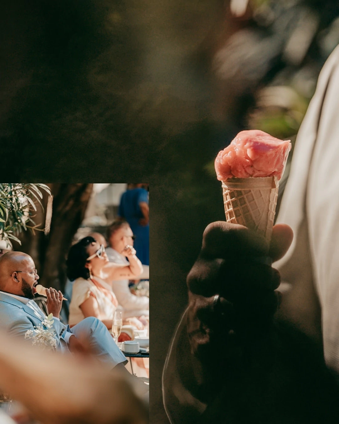 Gezeigt wird eine Nahaufnahme einer Hand, die eine Eistüte mit rosa Eiscreme hält. Im Hintergrund auf der Finca Alaiar sitzen formell gekleidete Menschen im Freien und genießen ebenfalls Eistüten - aufgenommen von einem Hochzeitsfotografen Mallorca.